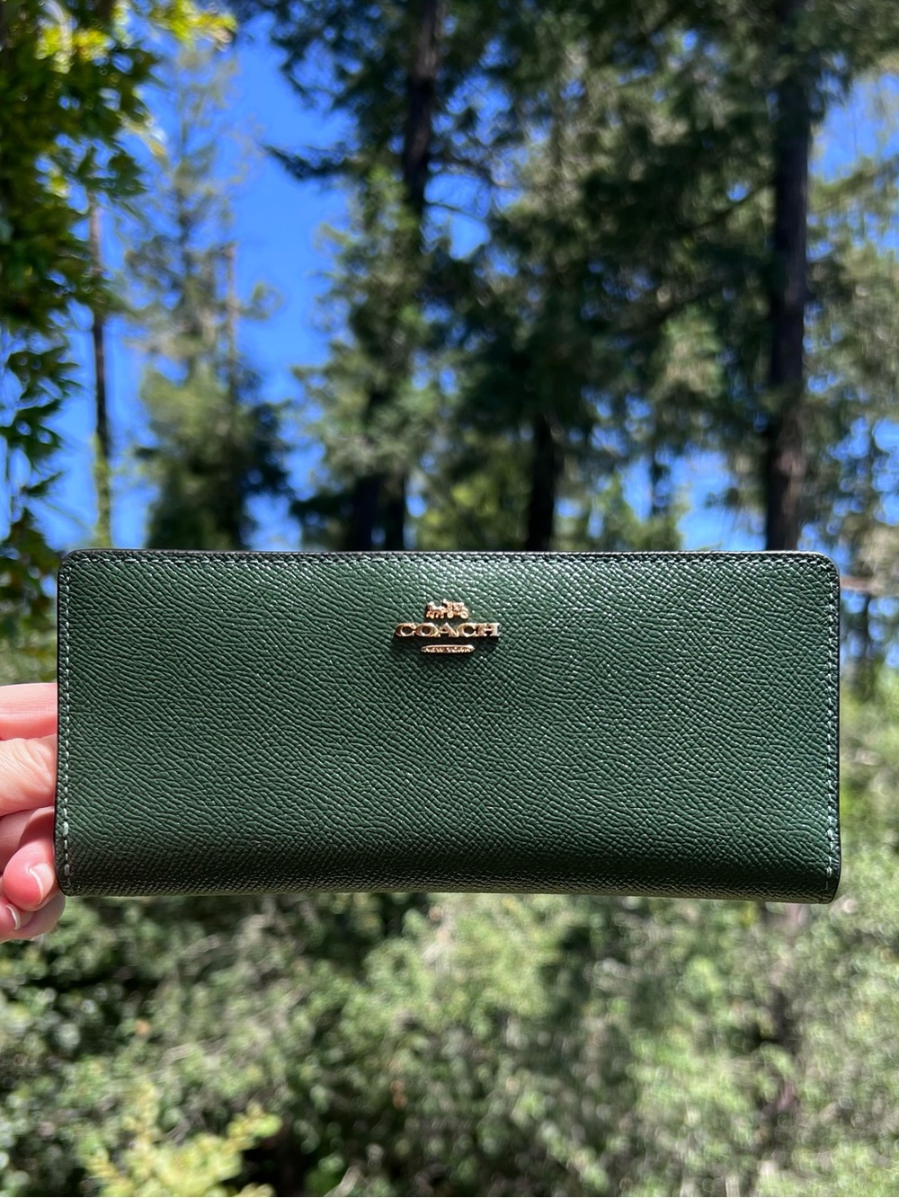 COACH Slim Bifold Hunter GREEN Crossgrain Leather Wallet Gold Hardware AUTHENTIC